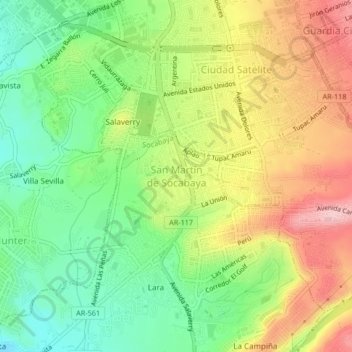Carte topographique San Martín de Socabaya, altitude, relief