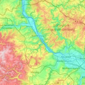 Carte topographique Brohl-Lützing, altitude, relief