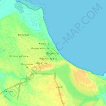 Carte topographique Bagamoyo, altitude, relief