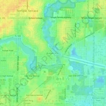 Carte topographique Arabian Acres, altitude, relief