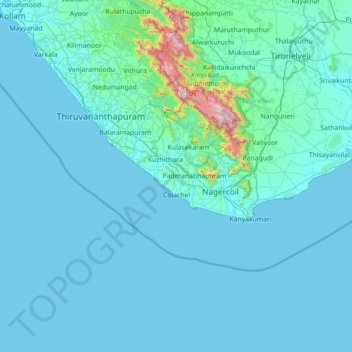 Carte topographique Kanyakumari, altitude, relief