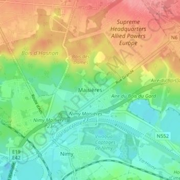 Carte topographique Maisières, altitude, relief
