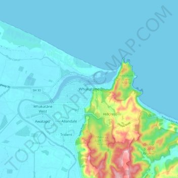 Carte topographique Whakatāne, altitude, relief