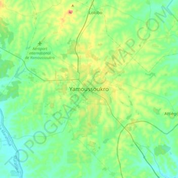 Carte topographique Yamoussoukro, altitude, relief