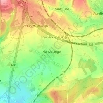 Carte topographique Hondelange, altitude, relief