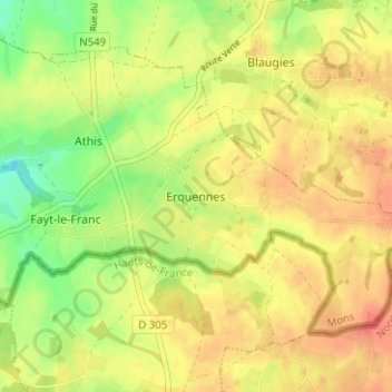 Carte topographique Erquennes, altitude, relief