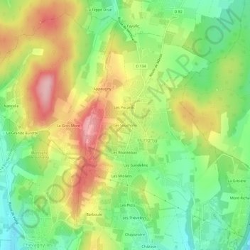 Carte topographique Les Souchons, altitude, relief