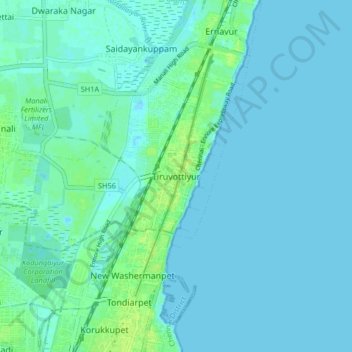 Carte topographique Tiruvottiyur, altitude, relief