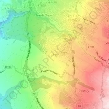 Carte topographique Villèle, altitude, relief