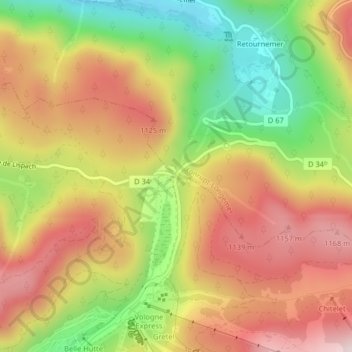 Carte topographique Col des Feignes sous Vologne, altitude, relief