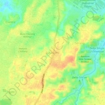 Carte topographique Sukadami, altitude, relief