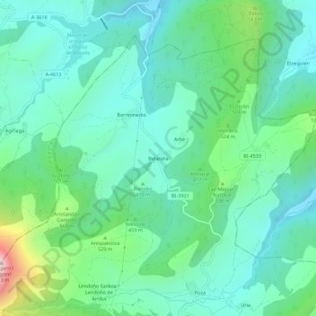 Carte topographique Belandia, altitude, relief