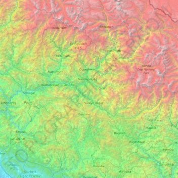 Carte topographique Garhwāl, altitude, relief