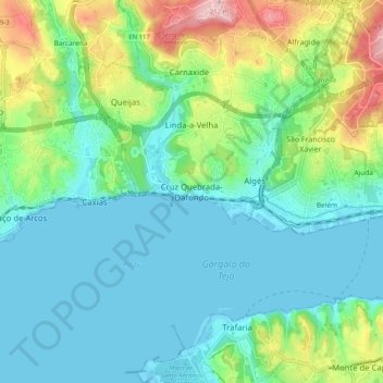 Carte topographique Cruz Quebrada-Dafundo, altitude, relief