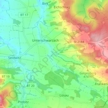 Carte topographique Oberschwarzach, altitude, relief