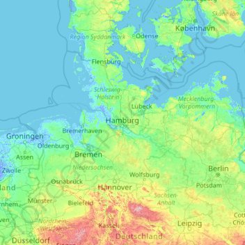 Carte topographique Hamburg, altitude, relief