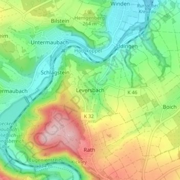 Carte topographique Leversbach, altitude, relief