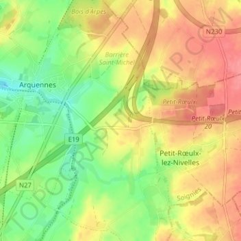 Carte topographique Arquennes, altitude, relief