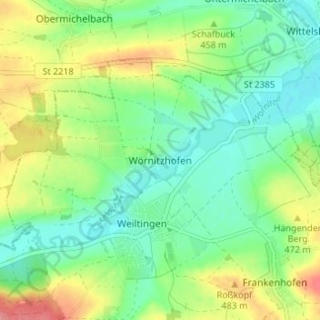 Carte topographique Wörnitzhofen, altitude, relief
