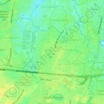Carte topographique Bencongan Indah, altitude, relief