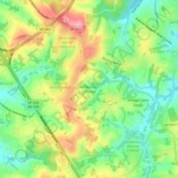Carte topographique Recreio dos Cafezais, altitude, relief