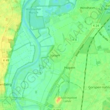 Carte topographique Jössen, altitude, relief