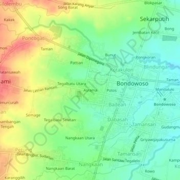 Carte topographique Asrama, altitude, relief