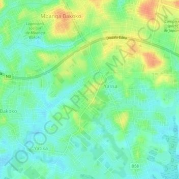 Carte topographique Yassa Bakoko, altitude, relief