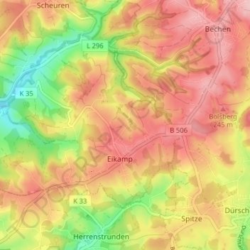 Carte topographique Oberscheid, altitude, relief
