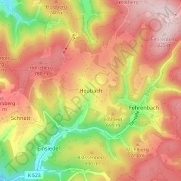 Carte topographique Heubach, altitude, relief