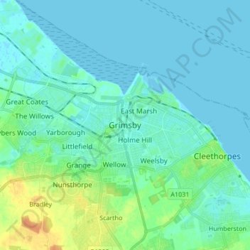Carte topographique Grimsby (Royaume-Uni), altitude, relief