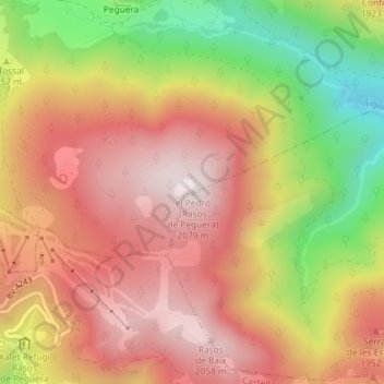 Carte topographique el Pedró (Rasos de Peguera), altitude, relief