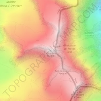 Carte topographique Monte Rosa, altitude, relief