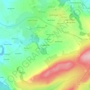 Carte topographique Mougau Bihan, altitude, relief