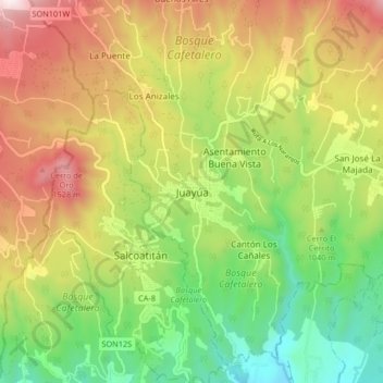 Carte topographique Juayúa, altitude, relief