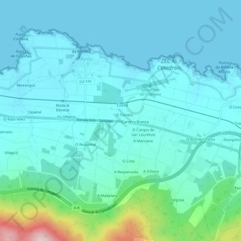 Carte topographique O Tombín, altitude, relief