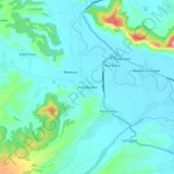 Carte topographique Handwara, altitude, relief