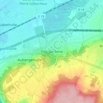 Carte topographique Flins-sur-Seine, altitude, relief