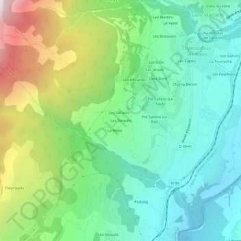 Carte topographique Les Tardons, altitude, relief