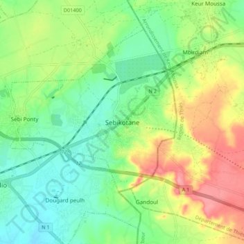 Carte topographique Sebikotane, altitude, relief