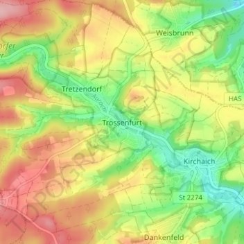 Carte topographique Trossenfurt, altitude, relief