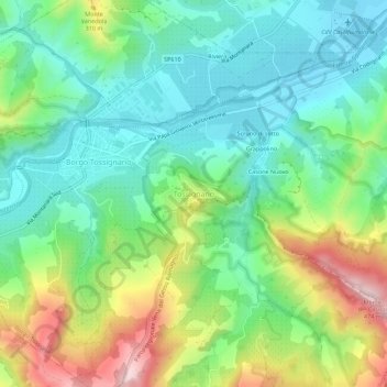 Carte topographique Tossignano, altitude, relief