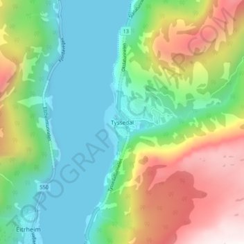 Carte topographique Tyssedal, altitude, relief