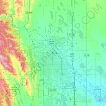 Carte topographique Fort Collins, altitude, relief