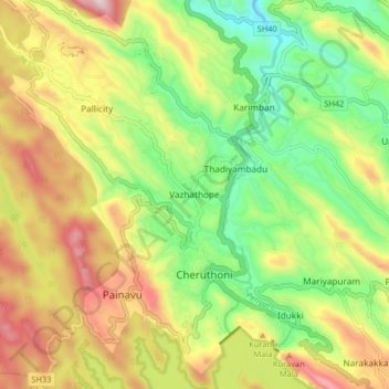 Carte topographique Vazhathope, altitude, relief