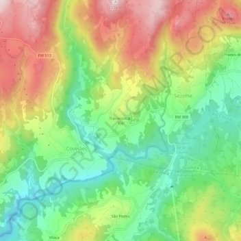 Carte topographique Travassos do Rio, altitude, relief