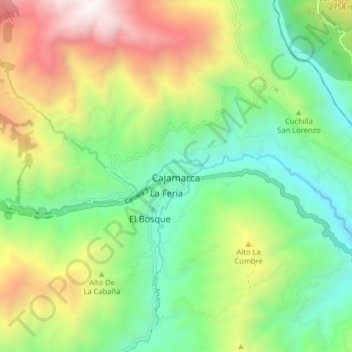 Carte topographique Cajamarca, altitude, relief
