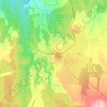 Carte topographique Daylesford, altitude, relief