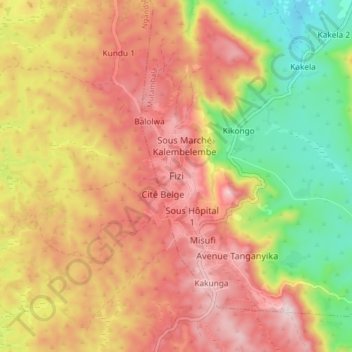 Carte topographique Fizi, altitude, relief