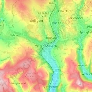 Carte topographique Ystrad Mynach, altitude, relief